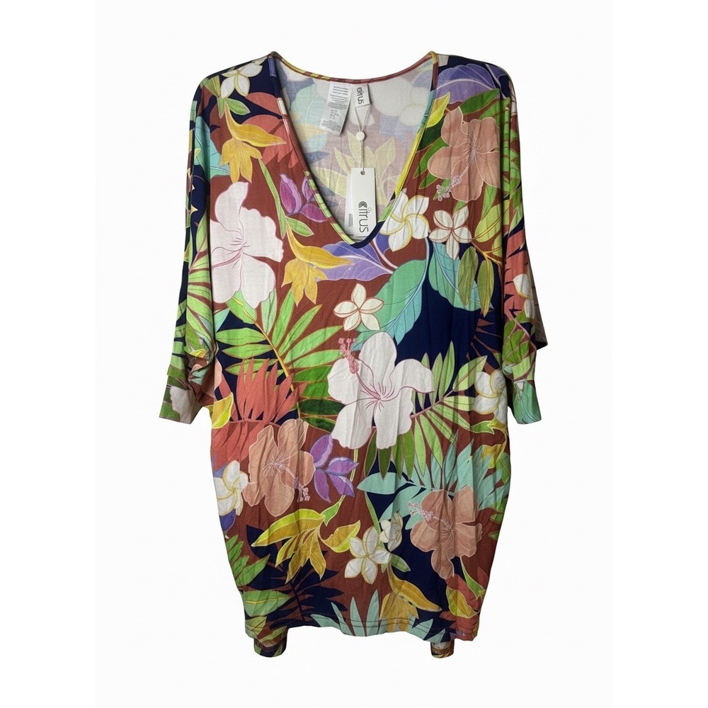 Citrus Tropical Floral V-Neck Tunic Top Resort Wear Multi Color CT2BA52 New